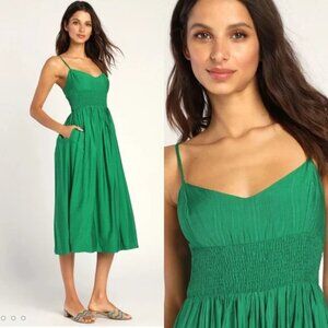 Lulus Green Smocked Midi Dress – Size Small | NWT